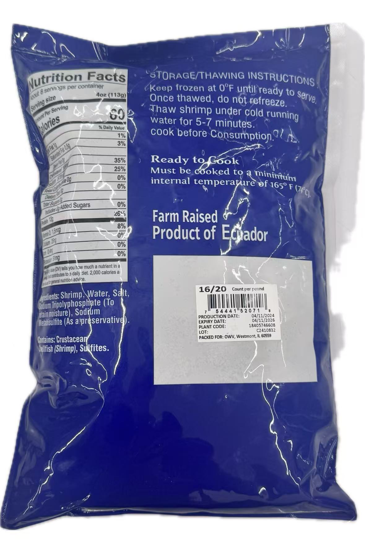 Frozen White Shrimp Farm Raised ( 16/20 size ) 2 Packs ( 2lbs Each )