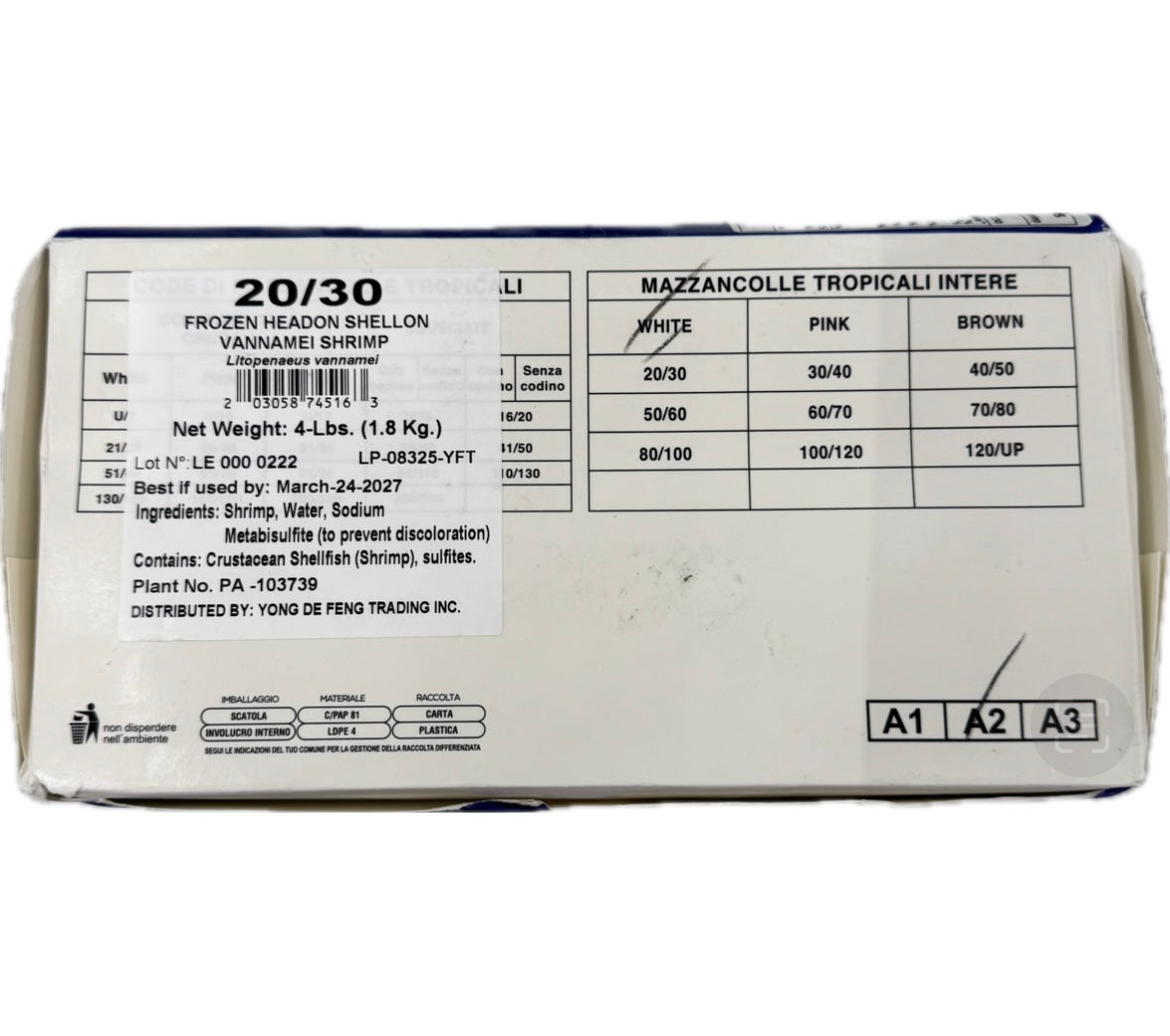 Frozen Vannamei Shrimp ( Head on / Shell on ) 20/30 4lbs * 2 Box